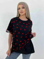 Heart Mesh Patchwork Vintage Chic T-Shirt - Women's Casual Cotton Short Sleeve Tops - M (Black)