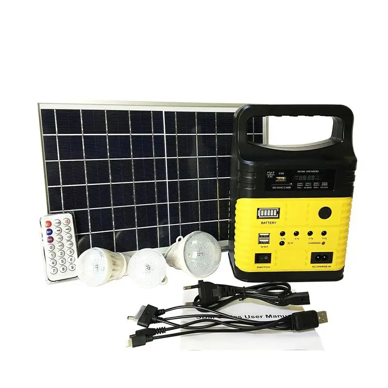 Solar Generator Outdoor Power Mini DC6W Solar Panel 6V-9Ah Battery Charging LED Lighting System 3 LED Bulbs + Remote Control