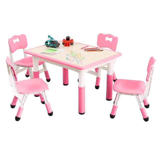 19698-f64986.jpg Kids Table and Chairs Set, Height Adjustable Desk With 4 Seats Max 300lbs, Children Multi-Activity Table for Classrooms,Daycares