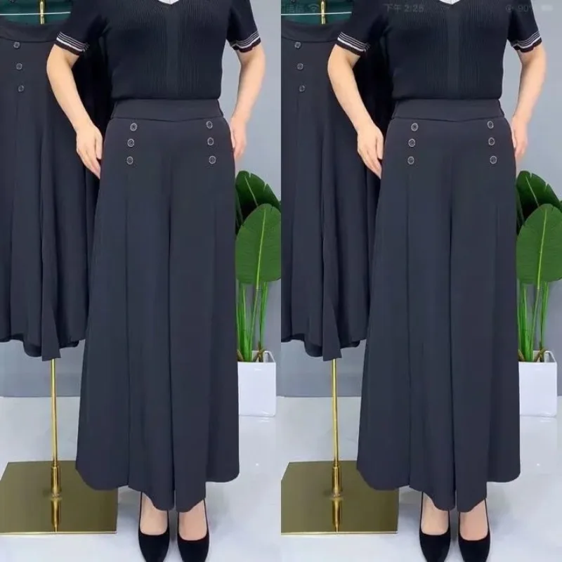 Women's Solid Elastic Waist Button Spring and Autumn Wide Leg Trouser Skirt Fashion High Waist Loose Ruched Fashionable Pants