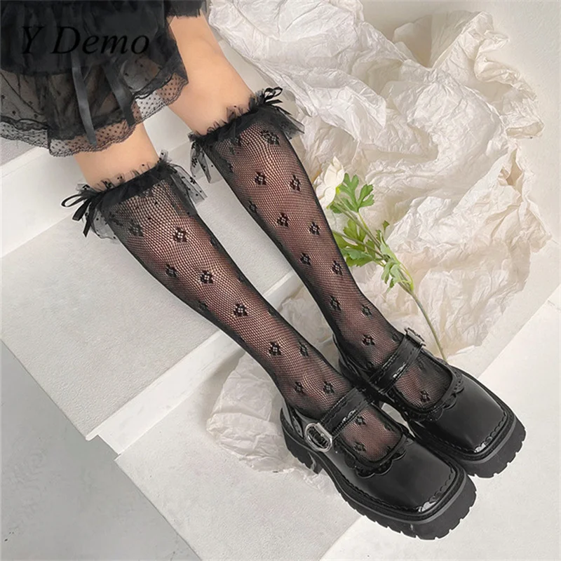 

Y Demo 3 Pairs Gothic Sexy Lace Transparent Mesh Ruffles Socks Girl Lolita Middle Tube Knee Socks