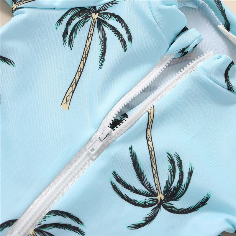 Toddler Girls Boys Swimwear Blue Short Sleeve Tropical Tree Print Zipper Bathing Suit Swimsuit Baby Swimming Clothing 1-5Y kids swimsuits