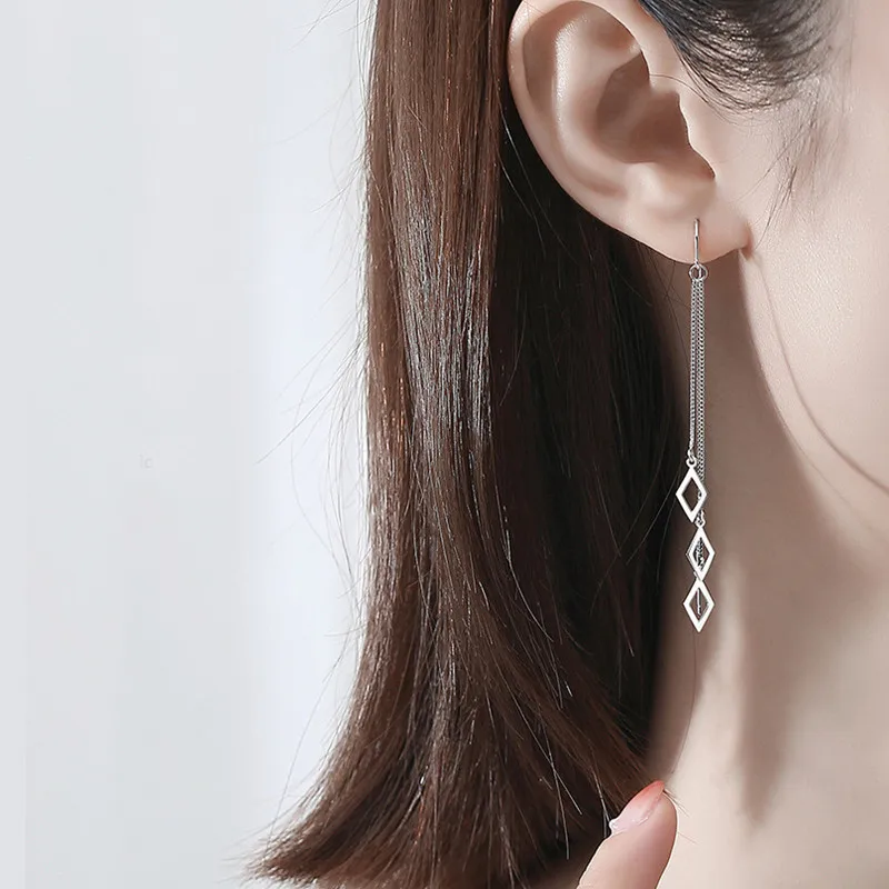 Dangle Earrings Long Earrings Crystal Tassel Earrings CIAXY Silver Color Geometric Rhombus Tassel Long Ear Line Earrings for Women