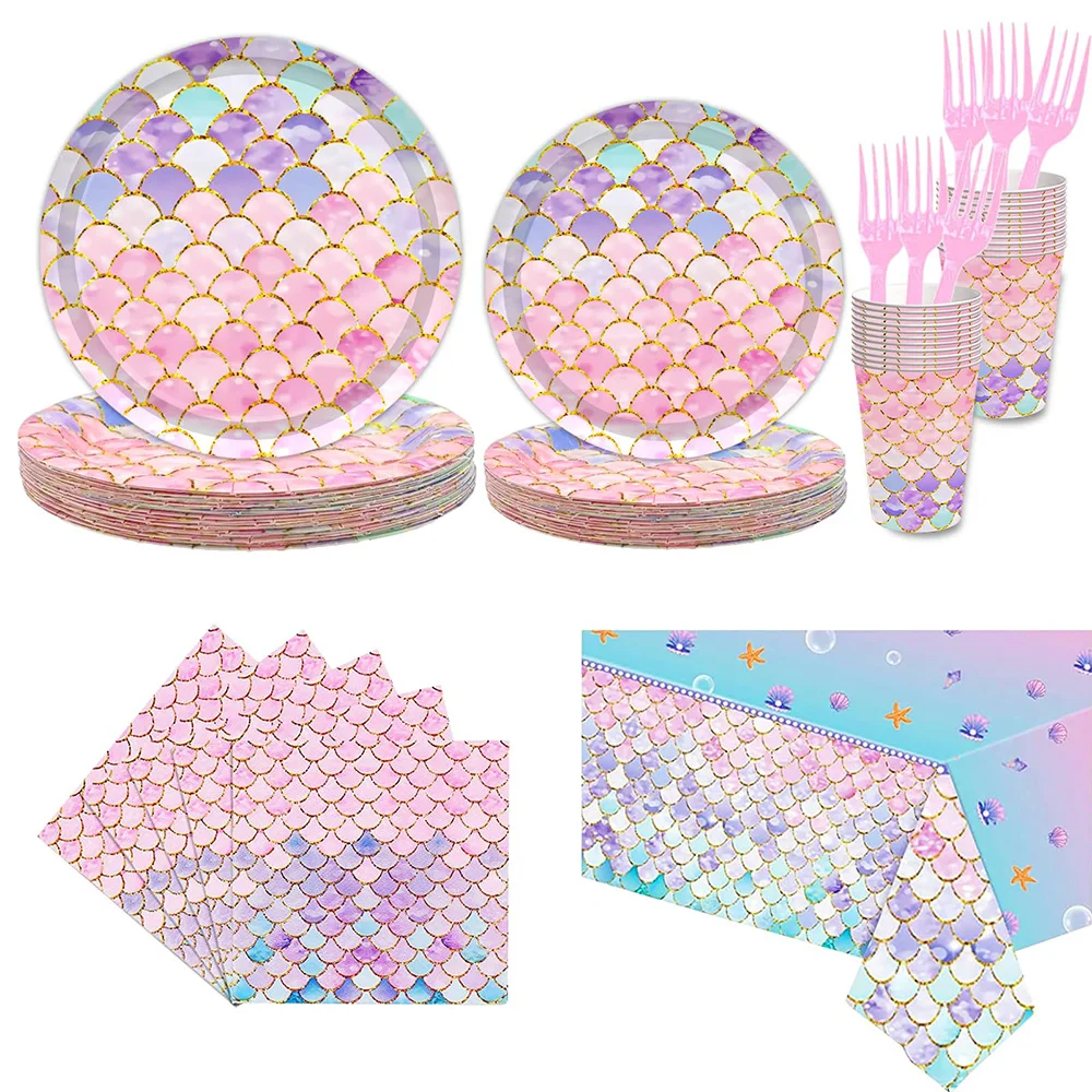 

Mermaid Birthday Party Supplies Tableware Plates Napkins Tablecloths Cups Forks Serves Girls Baby Shower Ocean Party Supplies