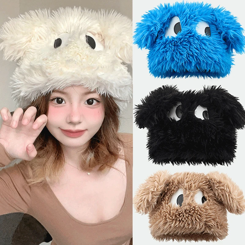 

Cute Cartoon Big Eyes Fluffy Fur Hat Women Winter Thickened Warm Bucket Caps Outdoor Female Rabbit Hair Windproof Panama Lady