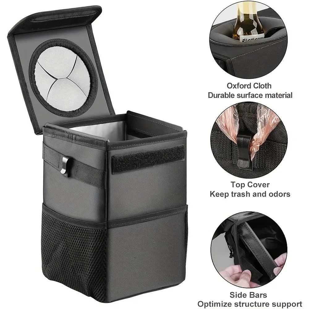 Collapsible Car Garbage Can-360&deg; Rotating Trash Holder with Mesh Storage Pockets, Universal Fit for SUV/Truck/Car Cleaning