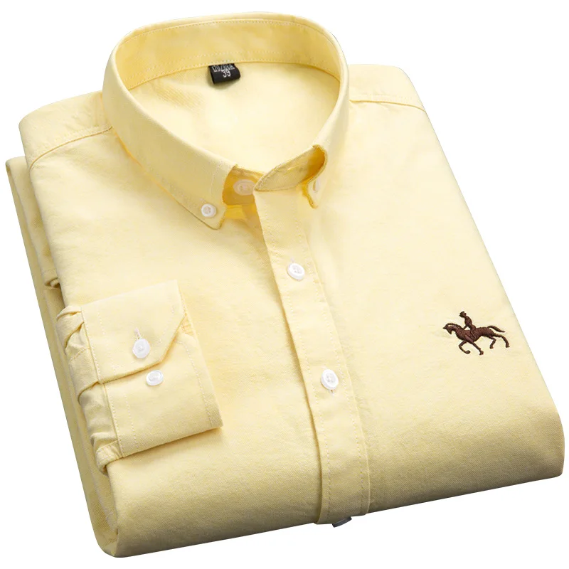 Quality 100% Cotton Oxford Shirts Men Long Sleeve Embroidered Horse Casual Without Pocket Solid Yellow Social Korean Shirt 5XL