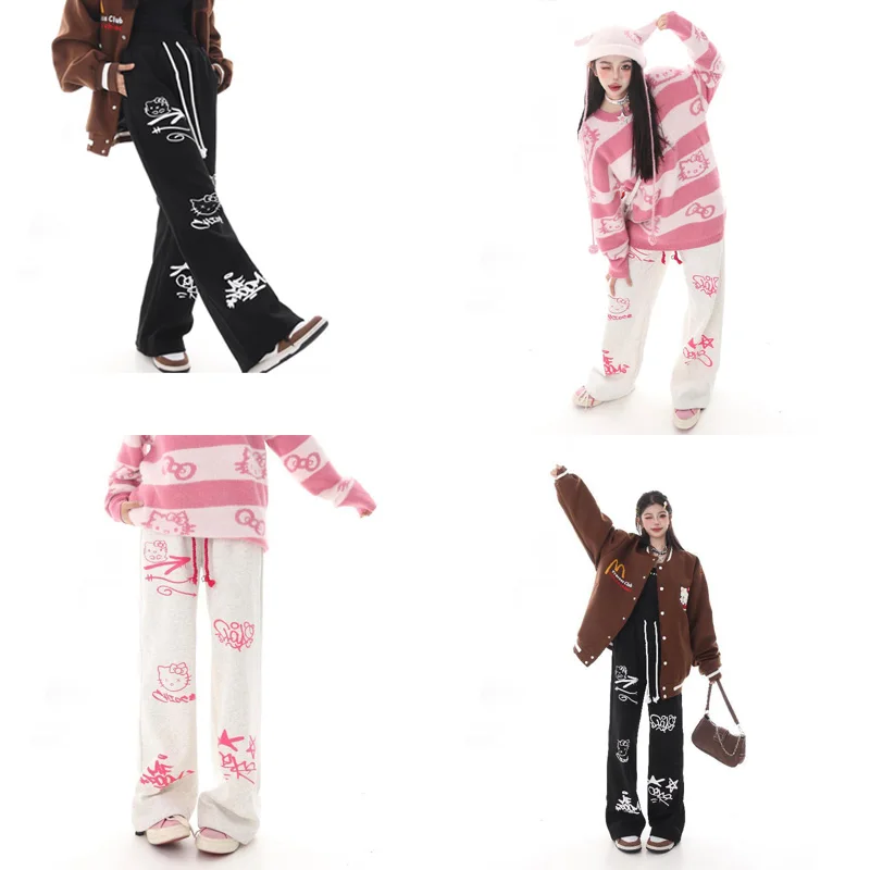 

Anime Sanrio Hello Kitty Y2k Women Straight Pants Wide Leg Pant Printing Doodle Hand Drawn Fashion High Quality Casual Versatile