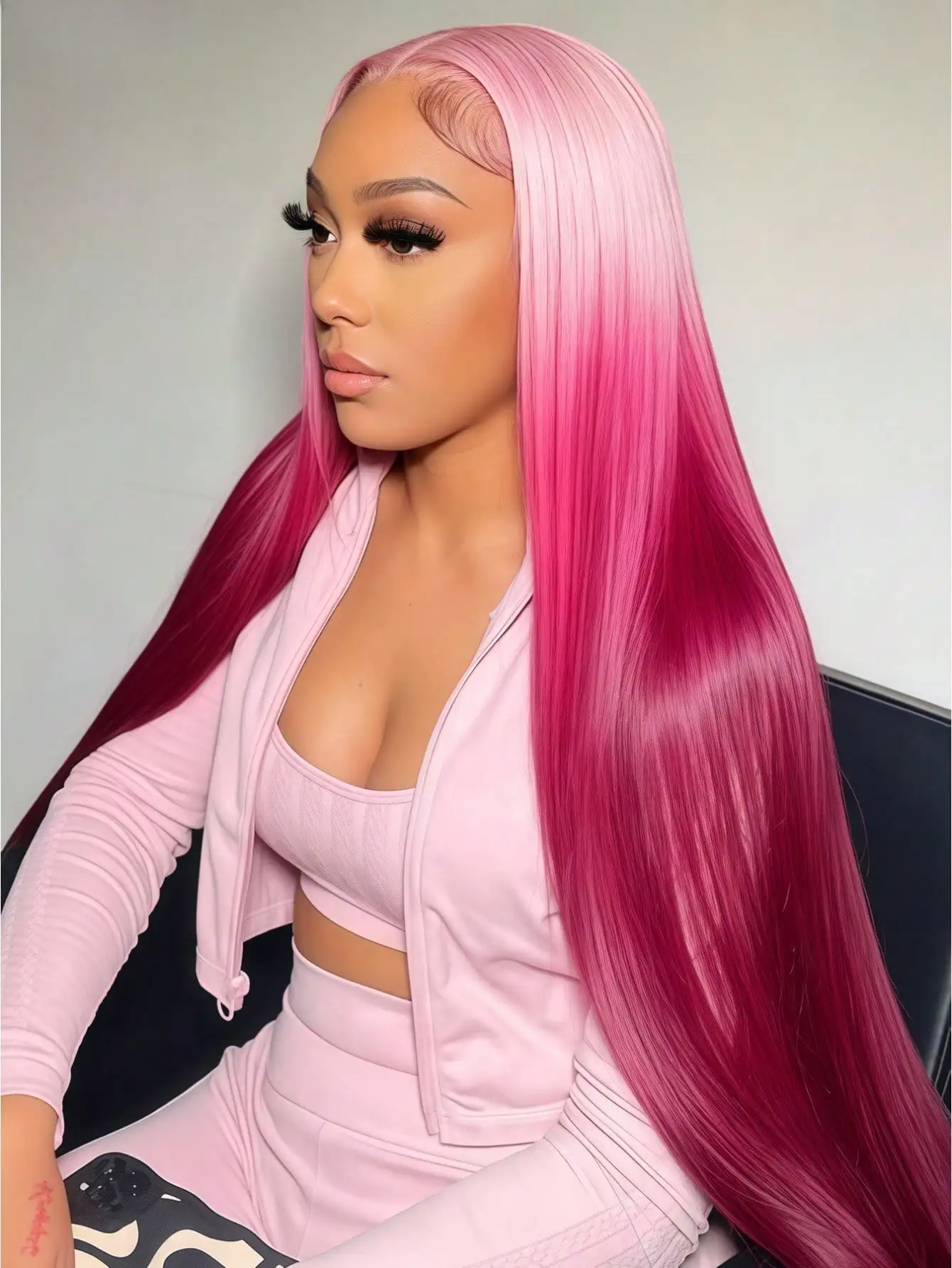 Gradient Pink Straight Lace Front Wig Human Hair 13x4 Transparent Lace Front Wig 180 Density Pre Plucked Glueless Wigs for Women 5