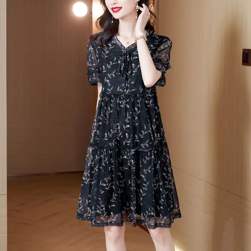 

2024 New Ficusrong Fashion Floral Pleated A Line Long Dress Women Spring Summer Short Sleeve High Waist Chic Dress L71