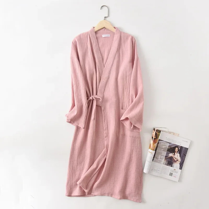 Couples Crepe Gauze Bathrobe Solid 100% Cotton Robe Long-sleeved V-neck Kimono Wedding Robes Sleepwear Plus Size Dressing Gown cotton bathrobe