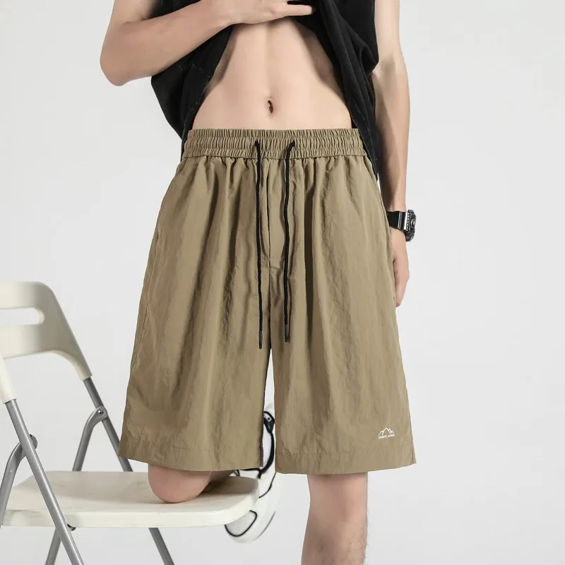 Summer Men's Solid Pockets Elastic Shirring High Waisted Bandage Sports Casual Loose Wide Leg Trousers Preppy Style Shorts
