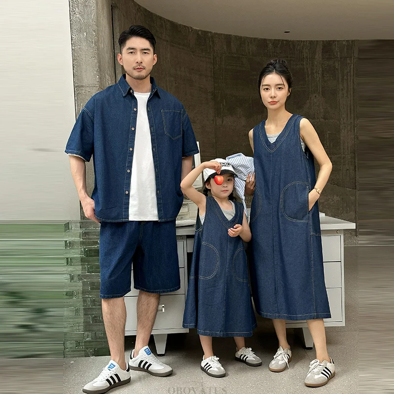 Matching Family Look Denim Clothing Set Shirt Shorts And Dress For
