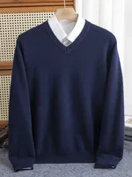 Men 100% Merino Wool Sweater V-Neck Pullover Autumn Winter Cashmere Warm Solid Knitwear Clothes Business Bottoming Soft Tops 2