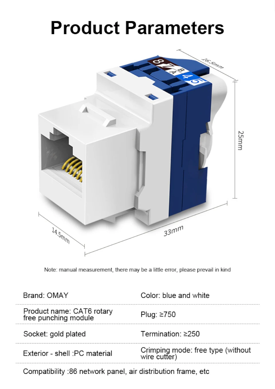de travamento automático, Sem acopladores punch-down, CAT6,