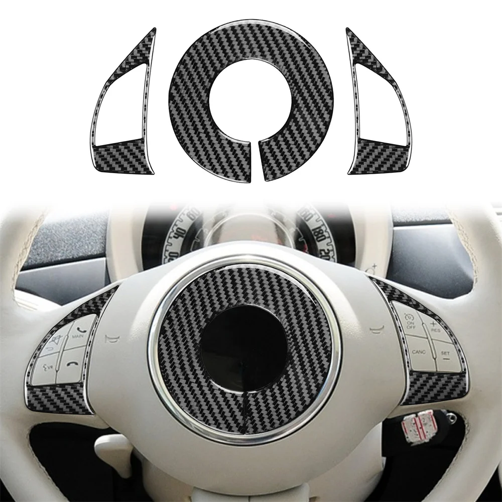 

For Fiat 500 12-15 Steering Wheel Carbon Fiber Trim Stickers 3 Pieces Clever Design Easy To Use Exquisite Workmanship Practical