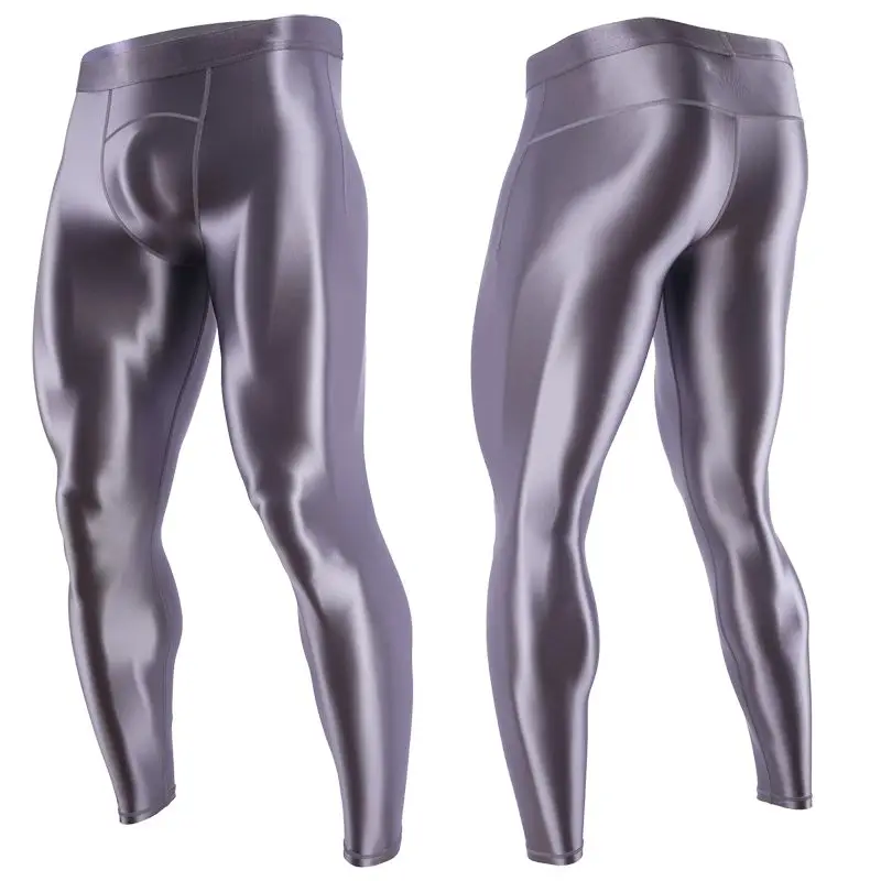 Mens Sports Pants Glossy Satin Men Leggings High Waist Smooth Skinny Pants Sports Tights Quick-drying Outdoor Fitness Gym Trousers