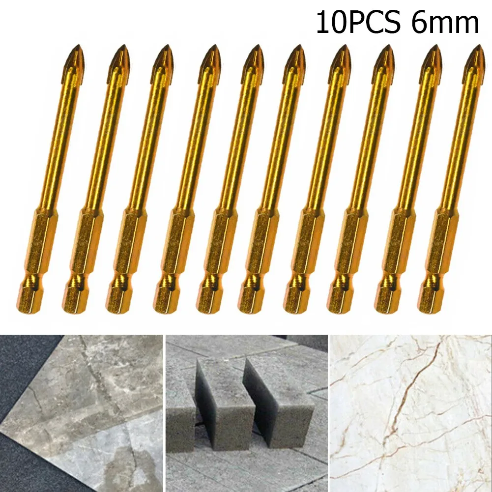 10pcs 6mm TIN Coated Carbide Point With 4 Cutting Edges Glass Drill Bits Hex Shank For Drilling Hammer Drilling Marble Wood