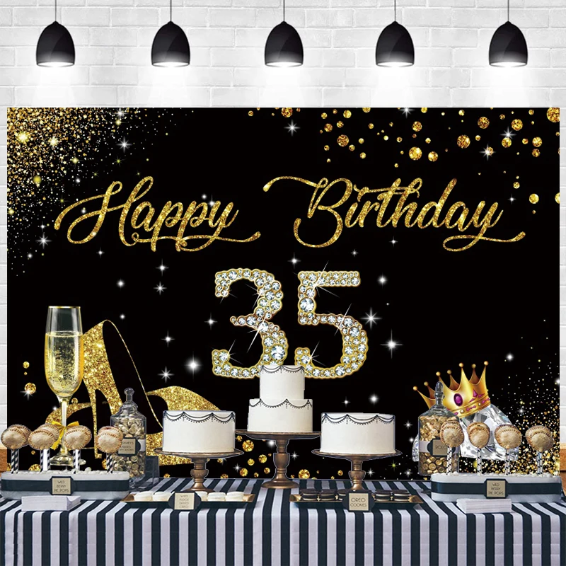 

Photography Backdrop Black and Gold Glitters Happy 35 Years Old 35th Birthday Background Banner Decor for Women Party Supplies