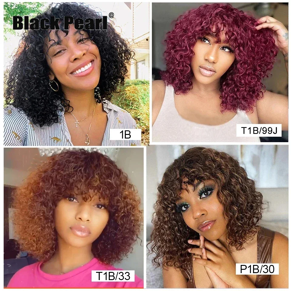 Sleek Jerry Curly Wig With Bangs Human Hair Short Pixie Cut Fringe Style Natural Curly Perruque Lightweight Tangle-Free Human Hair Wigs