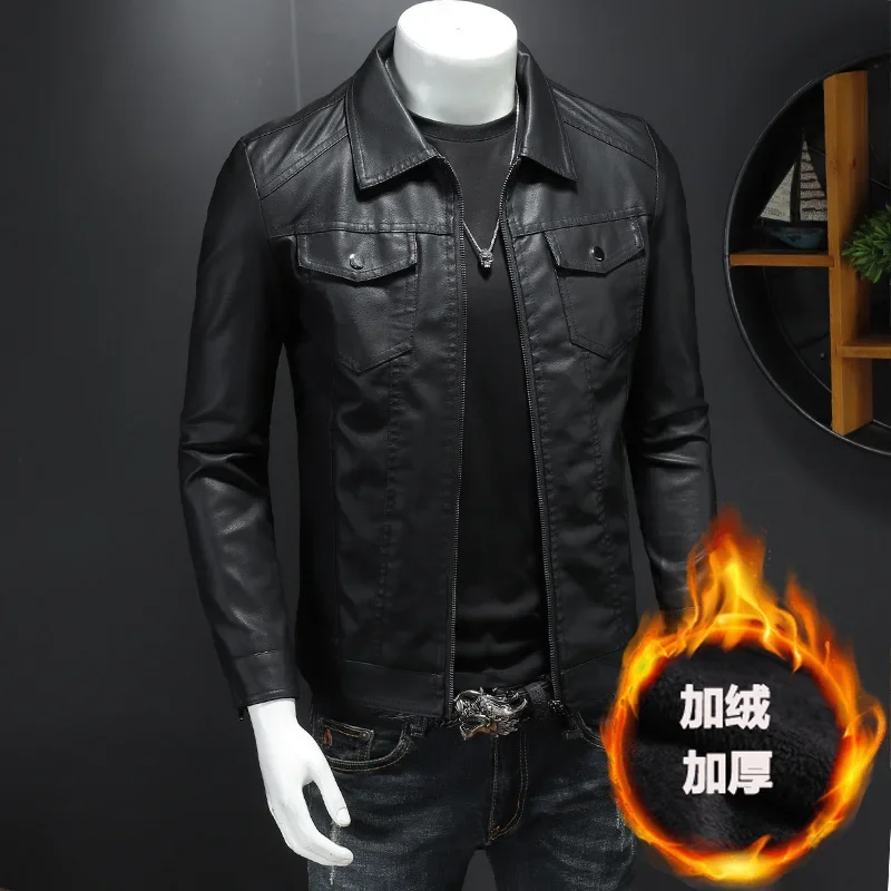 Men's Leather Jacket 2023 New Spring Autumn and Winter Slim Fitting Jacket Trend Plush and Thickened Motorcycle Jacket for Men