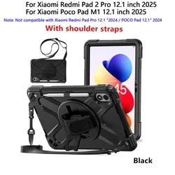 Durable Armor Tablet Case with Kickstand and 3 - Layer Protection for POCO Pad M1 12.1 (Black With Straps)