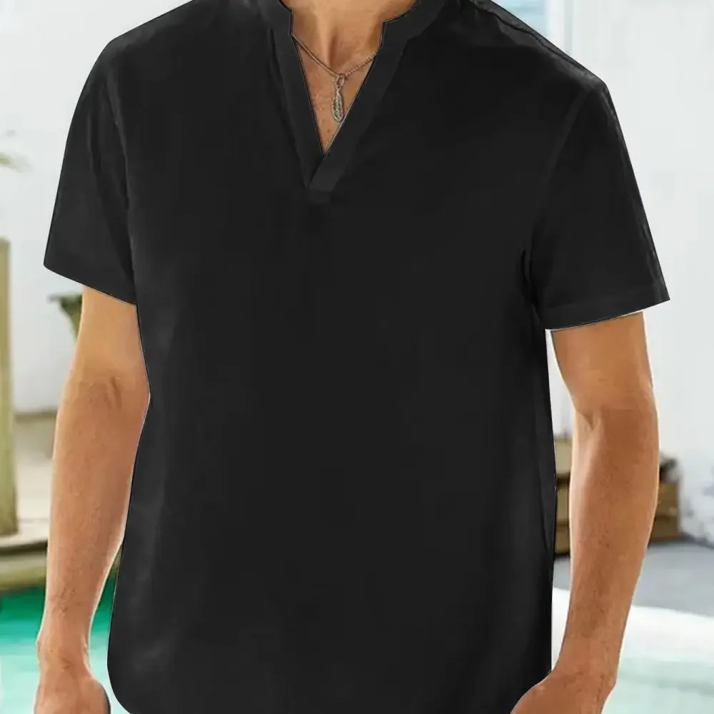 

Summer Cotton Linen Henley Shirt Black White Short Sleeve Hippie Beach T Shirts Loose Fashion Solid Color V-neck Mens Shirts