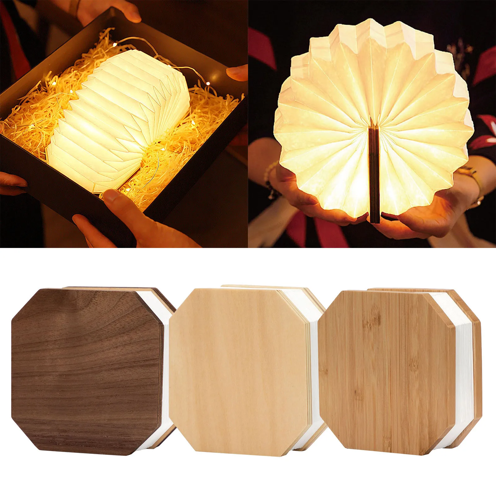 

Novelty Book Light Wooden Folding Night Light USB Rechargeable with Detachable Hand Strip LED Paper Lantern Desk Table Lamp