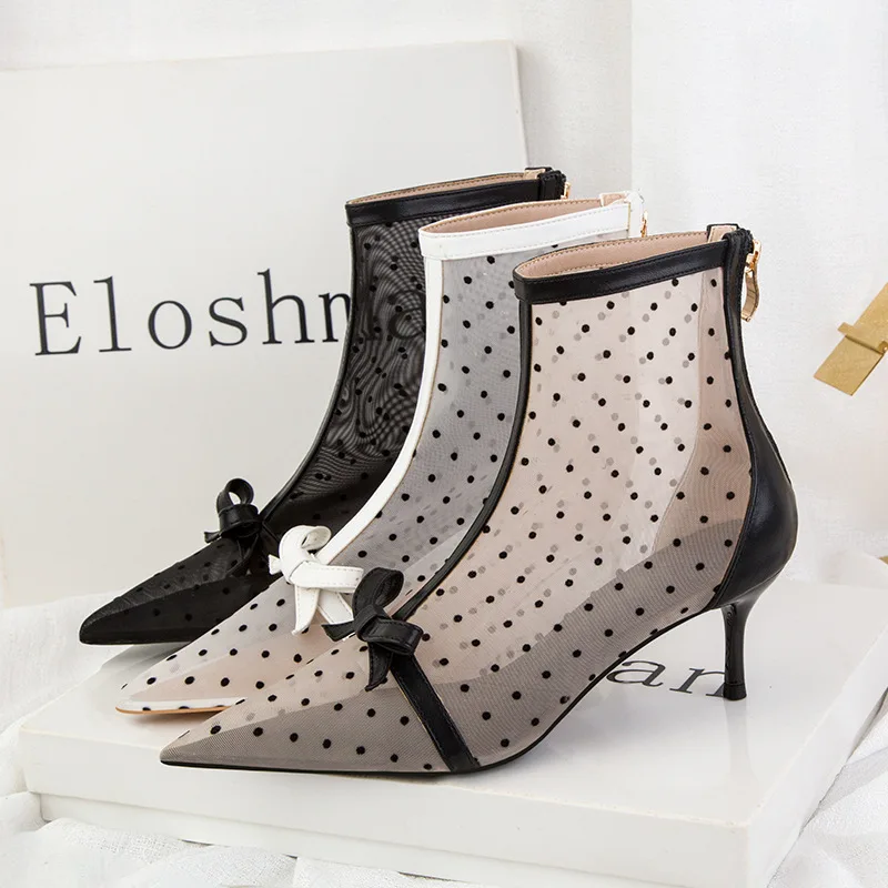 

Female Summer Sweet Slimming Heels See-through Dot Mesh Hollow-out High Heels Women's Shoes Stiletto Heel Pointed Ankle Boots