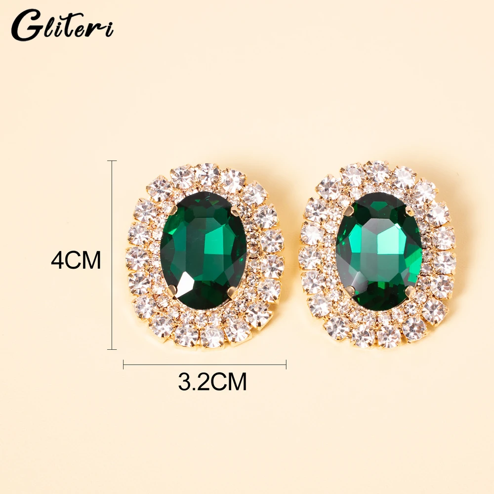 GEITERI 1Pair 2023 Fashion Shiny Oval Zircon Earrings For Women Girls Green Crystal Round Stud Earring Jewelry Party Gifts New