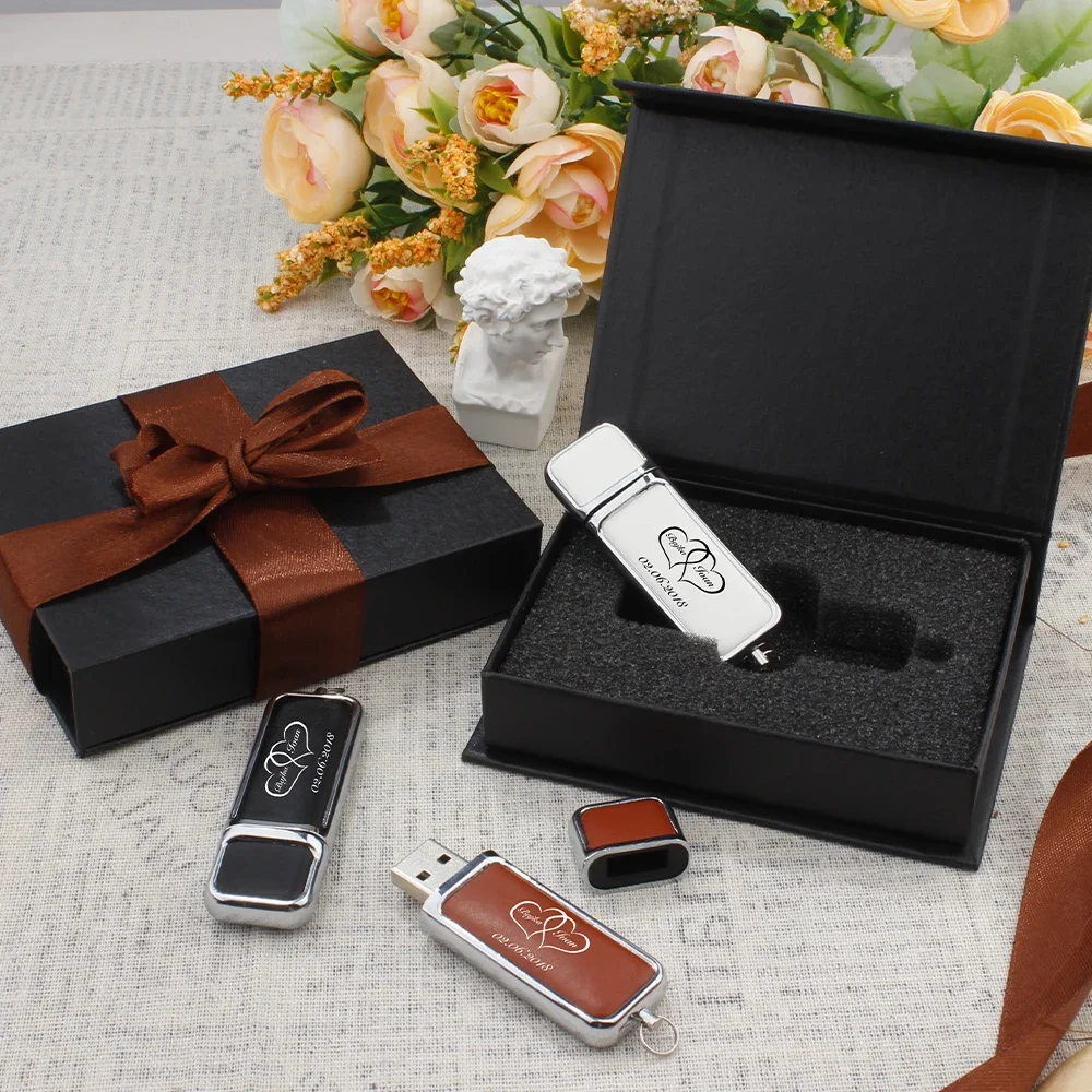 예쁜 가죽 펜 드라이브 128GB 무료 사용자 정의 색상 로고 USB 플래시 드라이브 64GB 선물 상자 메모리 스틱 32GB 크리 에이 티브 USB 메모리 16GB