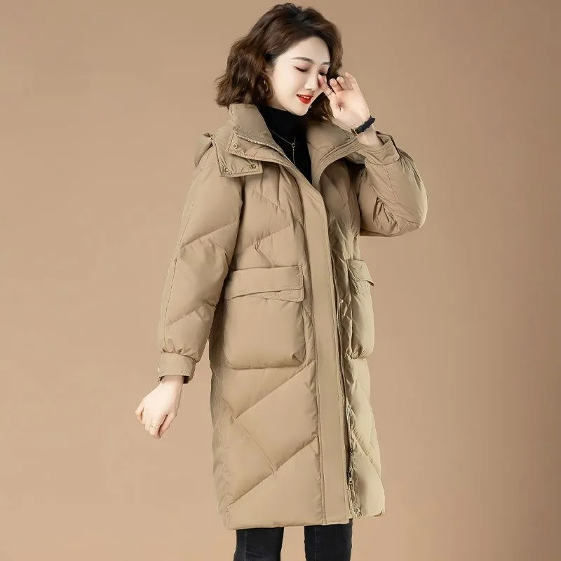 2023 New Women Down Jacket Winter Coat Female Mid Length Version Fashion Parkas Loose Thick Outwear Hooded Versatile Overcoat