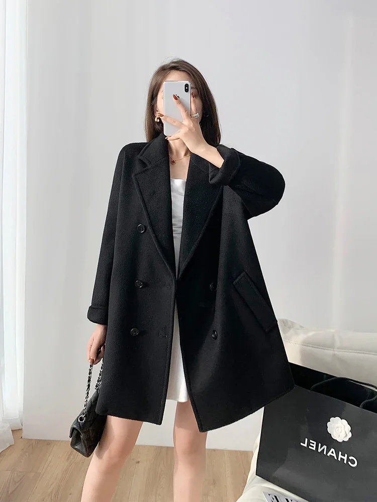 Autumn and Winter New 101801 Double-breasted Contour Cashmere Coat Female Small People Tweed Coat Female Medium-length Models mom fashion winter embroidered hooded cotton padded jacket 2023 autumn and winter loose coat for middle aged and elderly people