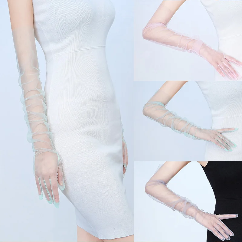 

1pair Women Fashion Transparent Ultra Thin Mitten Long Sheer Tulle Gloves Bridal Elbow Long Gloves Photo Shooting Accessory