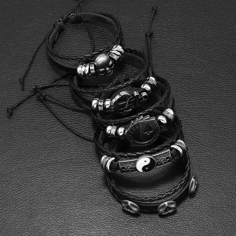 Leather Bracelet Fashion Skull Multi-layer Beaded Hand for Men Set Adjustable DIY Leather Winding Hand Rope