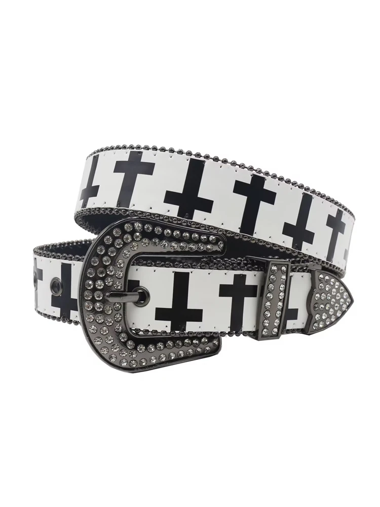New black and white cross rhinestone printed belt Y2K
