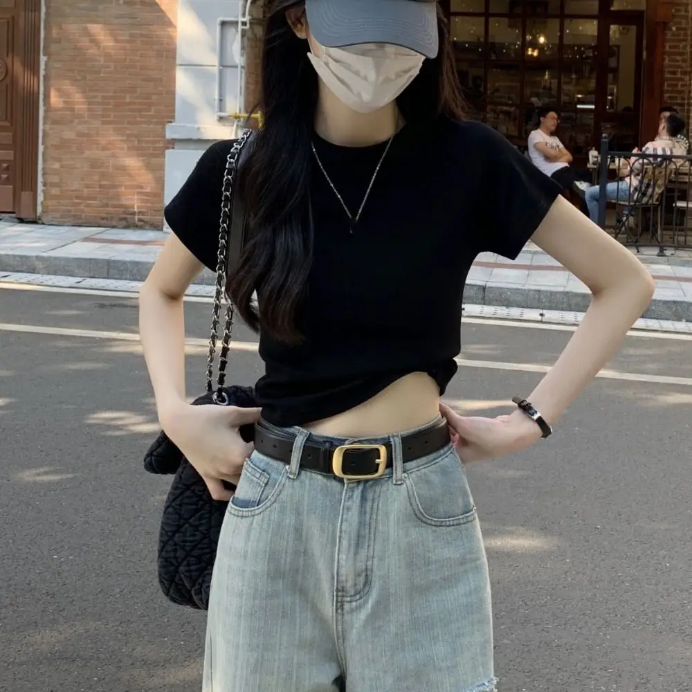 Cute Solid Color Short Sleeve T-shirt Slim Fit Sweet Y2K Crop Top Chic Korean Style Tees Shirts Women Streetwear