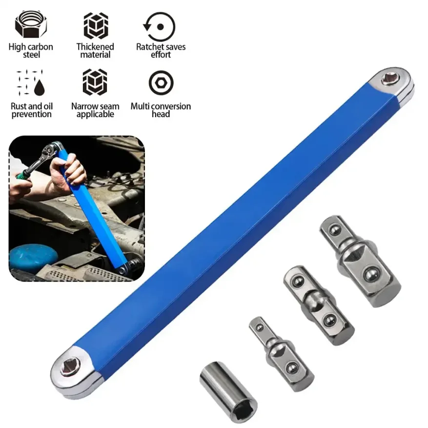 Multifunctional Car Offset Extension Wrench with 4 Adapters Dual-purpose Impact Socket Ratchet Wrench Automotive Hand Spanner