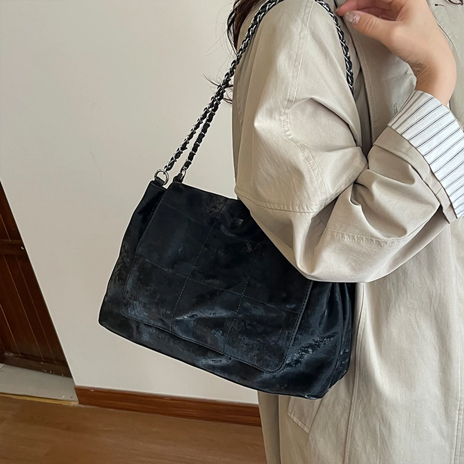 PU Leather Handbags Vintage Underarm Bag with Chain Strap Tote Bag for Women Work Shopping Travel Daily