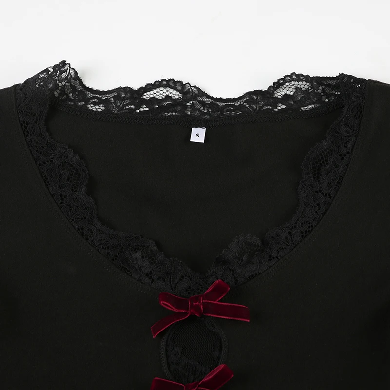 Tops de mujer con cuello en V y lazo de terciopelo con encaje empalmado, manga larga, corte entallado, sexy, moda de otoño, nueva ropa