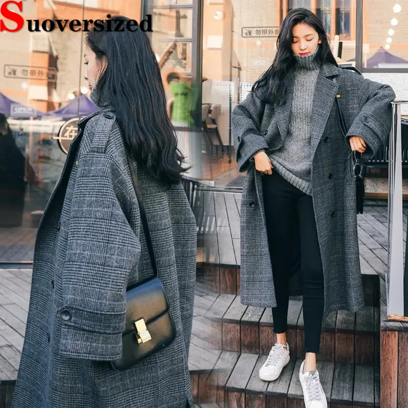 

Vintage Plaid Thicken Woolen Coats Winter Women Long Overcoat Fashion Double Breasted Quilted Abrigos Warm Wool Blend Jackets