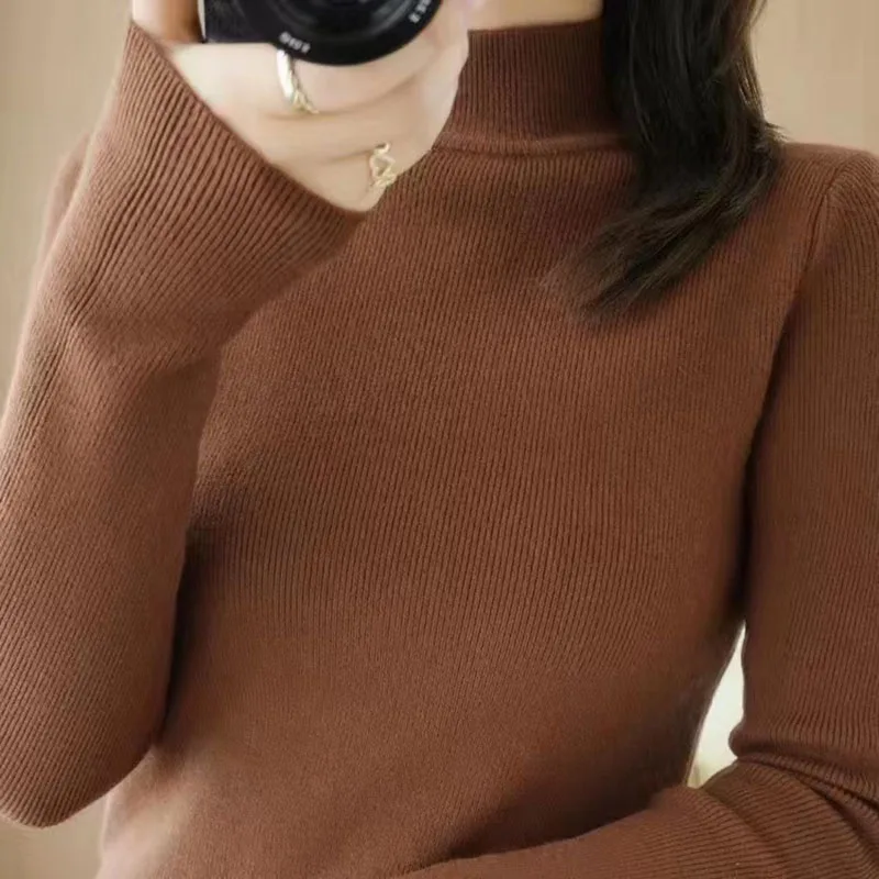 

Autumn Basic Turtleneck Bottoming Sweater Top 2024 Women Ribbed Soft Mock Neck Elastic Pullover Warm Solid Color Slim Jumper