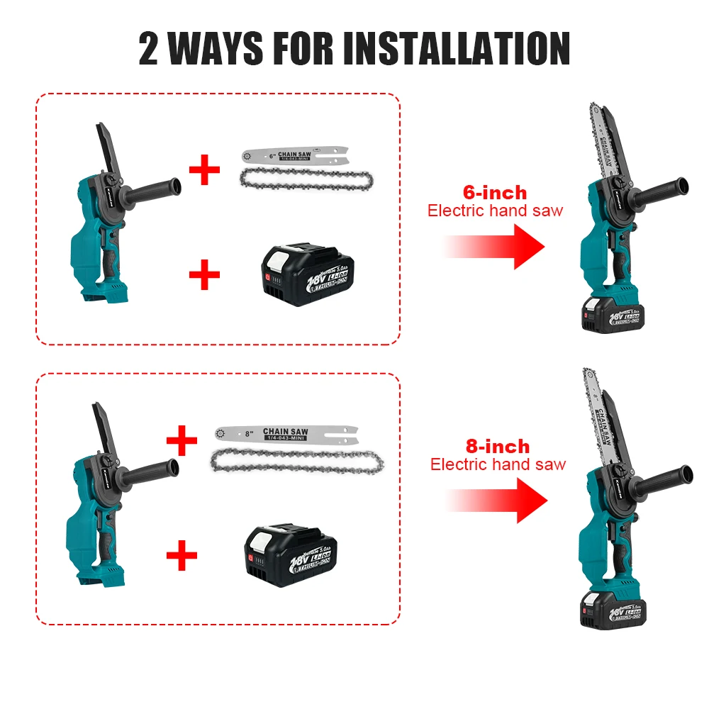 Kamolee 6 + 8 Inch Mini Brushless Electric Saw Rechargeable Chain Saw Wood Cutter Pruning Garden Power Tools