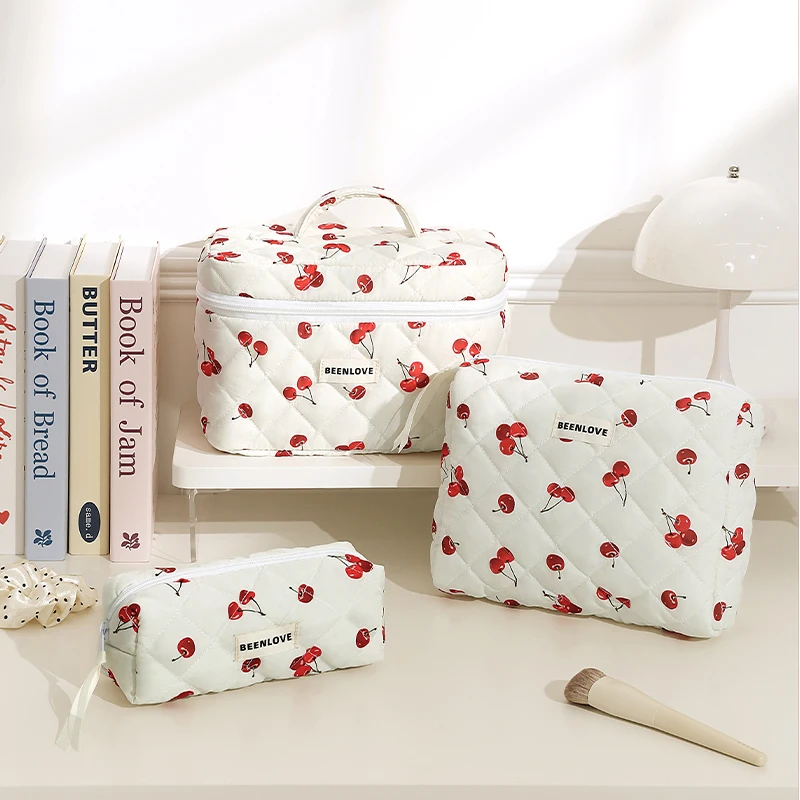 Cherry Printing Makeup Bag Quilted Makeup Bag Large Flower Makeup Bag Women's Cotton Makeup Bag Flower Travel Wash Bag 6