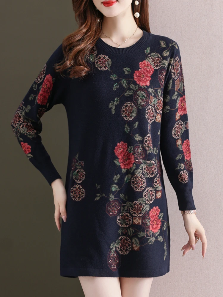

70% Wool Floral Print Sweater Dress Autumn Winter Korean Fashion Women Clothing Pullover O Neck Women's Sweaters Dresses