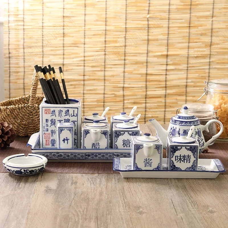 Blue and White Ceramic Canister Set Kitchen Chinese Vintage Spice Jars Salt Sugar Monosodium Glutamate Vinegar Chili Soy Bottle Seasoning jar,seasoning bottle organizer
