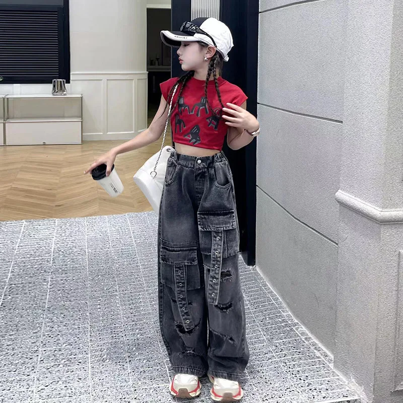 

Summer Girls' Clothing 2024 New Fashionable Girls Korean Middle and Big Children's Fashion Printed Short sleeved Workwear