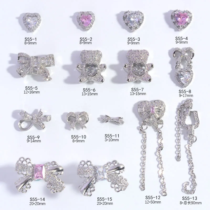 

2pcs Silver Zircon 3D Nail Art Decorations Bow Bear Love Nail Charms Jewelry Pink Diamond Crystal Alloy Chain Nails Accessories