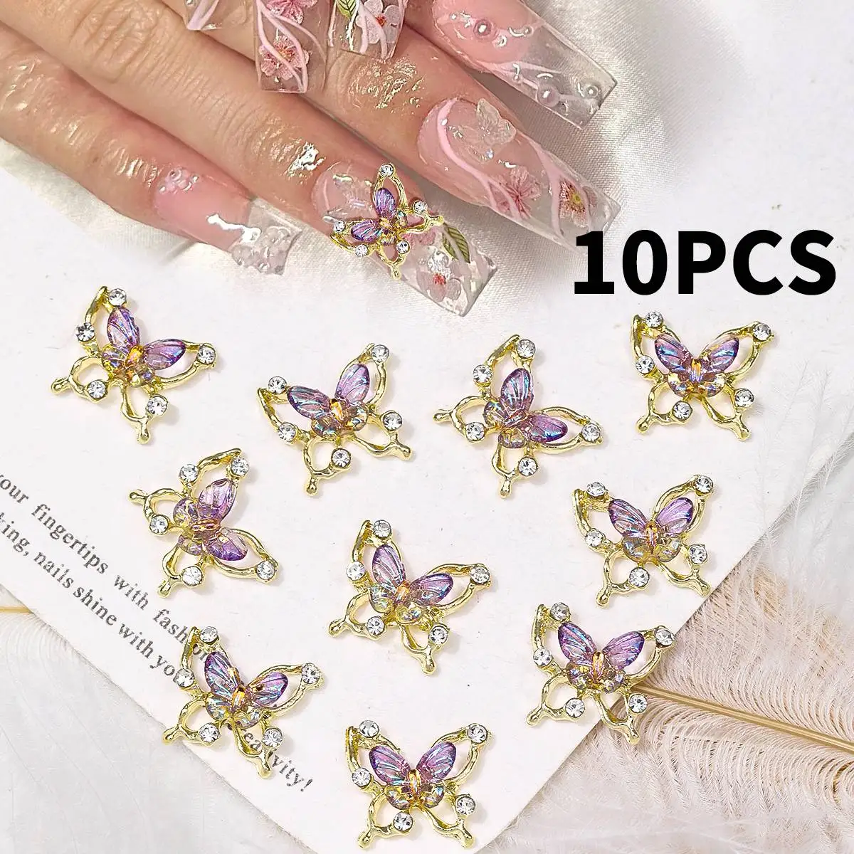 10PC 합금 나비 지르콘 네일 아트 라인스톤 3D 골드 실버 샤이니 다이아몬드 네일 아트 젬스 버터플라이 크리스탈 매니큐어 액세서리