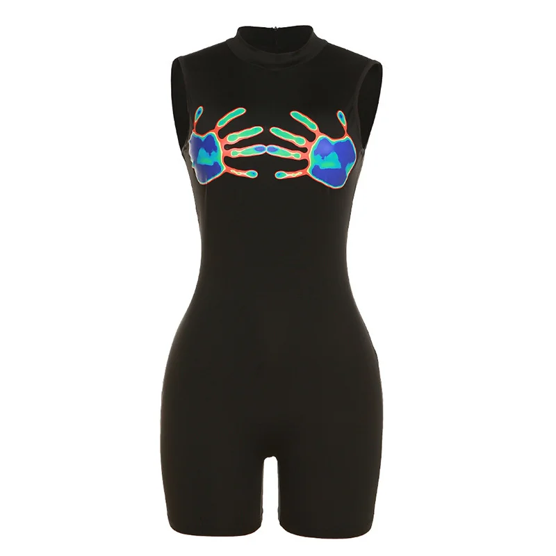 

Hand Print Black Sleeveless Playsuit Women Summer Clothes 2022 Sexy Round Neck Skinny Rompers Bodycon Streetwear Club Outfits